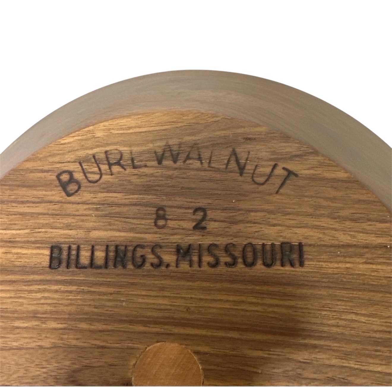 Burl Walnut stamp on bottom of walnut bowl, Billings, Missouri